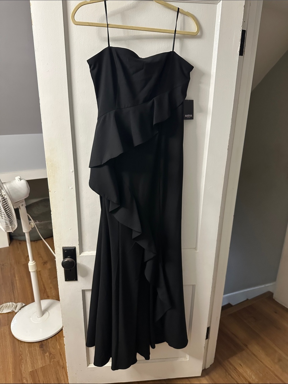 MARINA Black Strapless Ruffle Gown